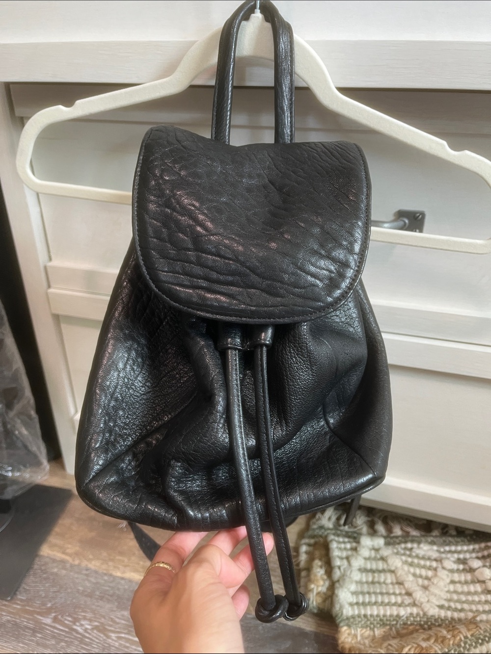 Mackage Raw Black Leather Drawstring Backpack
